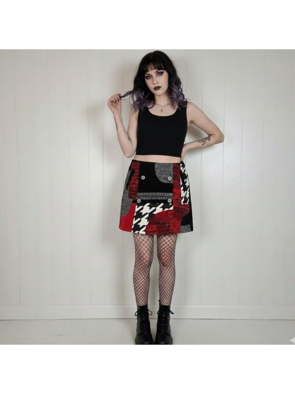 DESIGUAL Black Red Patchwork Corduroy Y2K Mini Skirt Size 40 Medium Punk Goth
